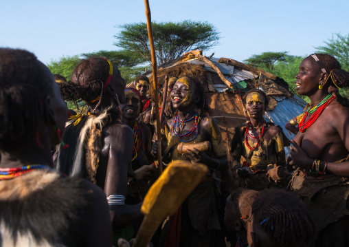 Dassanech tribe women during dimi ceremony to celebrate circumcision of teenagers, Omo valley, Omorate, Ethiopia