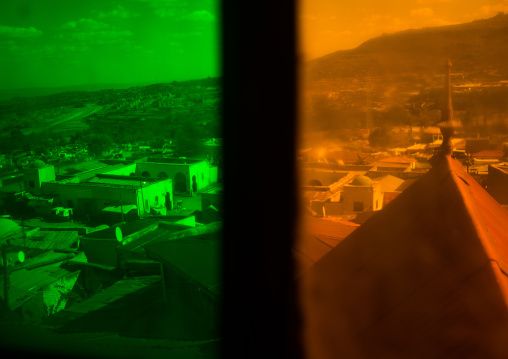 Multi coloured stained glass windows in rimbaud house, Harari region, Harar, Ethiopia