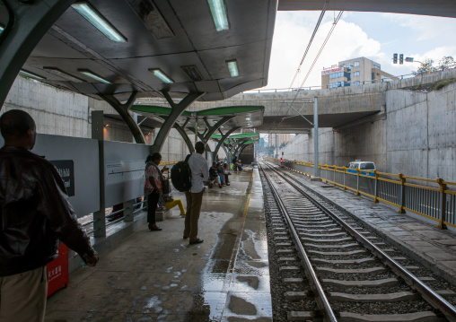 People waiting for the ethiopian railways constructed by china, Addis abeba region, Addis ababa, Ethiopia