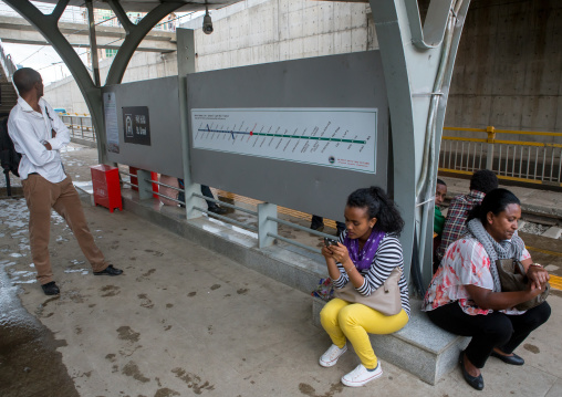 People waiting for the ethiopian railways constructed by china, Addis abeba region, Addis ababa, Ethiopia