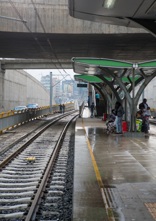 People waiting for the ethiopian railways constructed by china, Addis abeba region, Addis ababa, Ethiopia