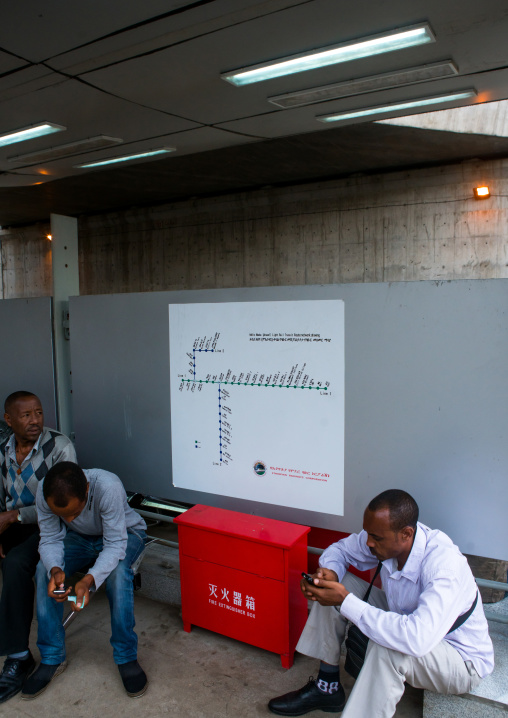 People waiting for the ethiopian railways constructed by china, Addis abeba region, Addis ababa, Ethiopia