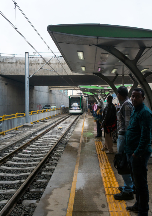 People waiting for the ethiopian railways constructed by china, Addis abeba region, Addis ababa, Ethiopia