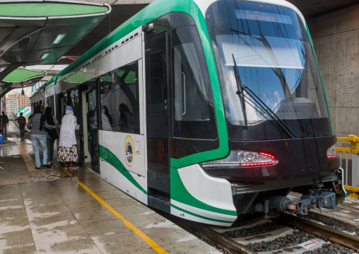 People going inside train of ethiopian railways constructed by china, Addis abeba region, Addis ababa, Ethiopia