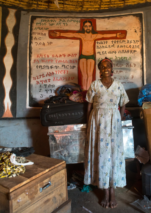 Ethiopia, Kembata, Alaba Kuito, ethiopian woman inside her traditional painted and decorated house