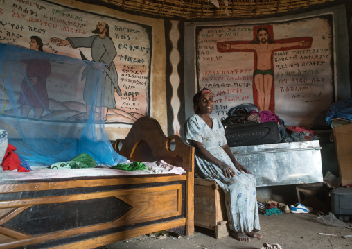 Ethiopia, Kembata, Alaba Kuito, ethiopian woman inside her traditional painted and decorated house