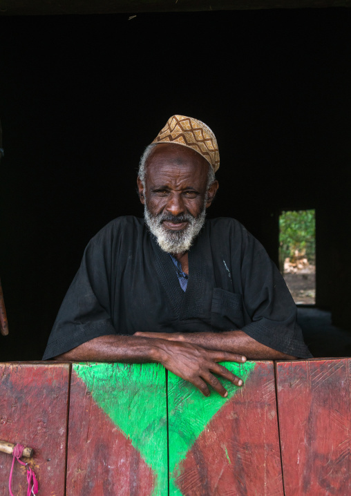 Ethiopia, Kembata, Alaba Kuito, ethiopian muslim man standing in front of his traditional painted house