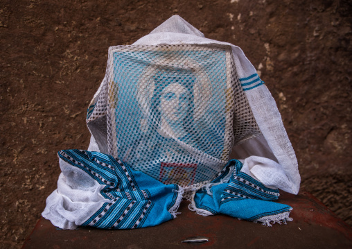 Maryam icon protected by a white transparent scarf, Amhara region, Lalibela, Ethiopia