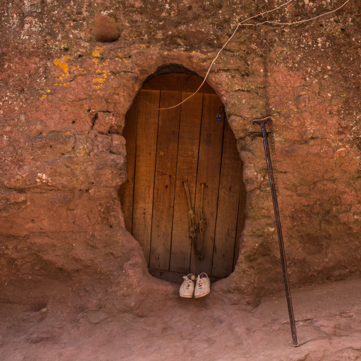 Monk room in a cave church, Amhara region, Lalibela, Ethiopia