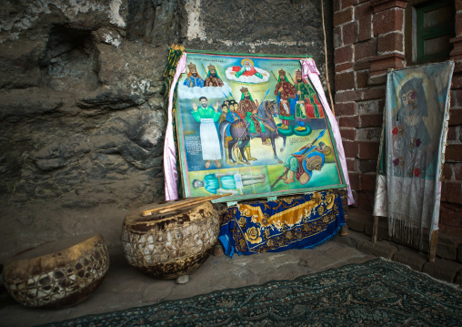 Drums and paintings in nakuto lab rock church, Amhara region, Lalibela, Ethiopia