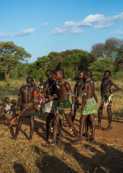 Hamer tribe whippers during a bull jumping ceremony, Omo valley, Turmi, Ethiopia