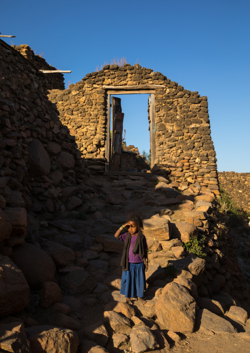 Ethiopian girl in a traditional Argoba stone houses village, Harari Region, Koremi, Ethiopia