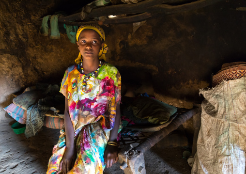 Girl inside her house in a traditional Argoba stone houses village, Harari Region, Koremi, Ethiopia