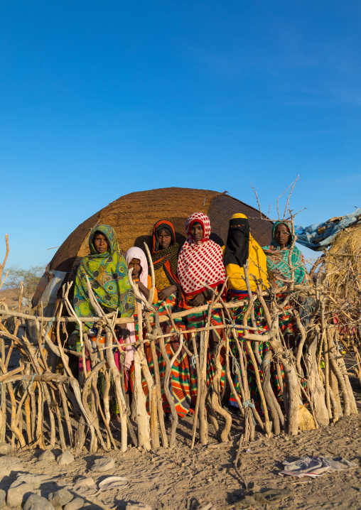 Afar tribe women behind a wooden fence in front of their hut, Afar region, Mile, Ethiopia