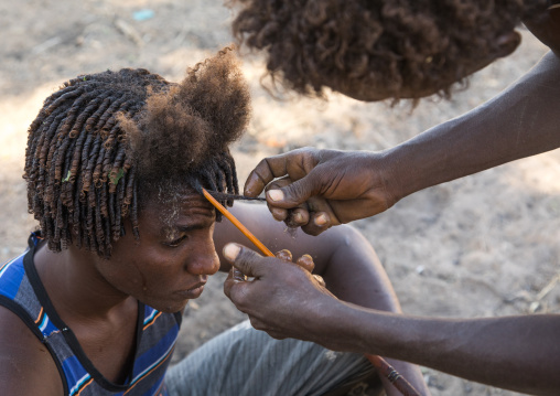 Afar man having a traditional hairstyle with a stick to make curly hair, Afar region, Afambo, Ethiopia