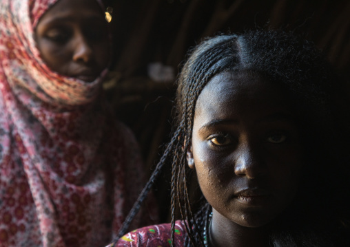 Afar woman having a traditional hairstyle inside her hut, Afar region, Afambo, Ethiopia