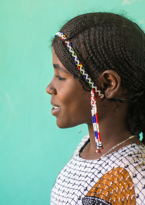 Side view of an Afar tribe girl with braided hair, Afar region, Semera, Ethiopia