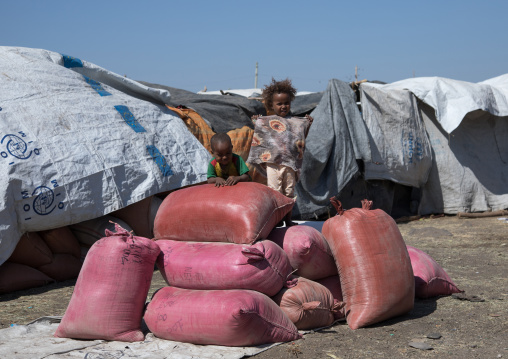 Ethiopian children playing on bags in the market, Afar region, Assaita, Ethiopia