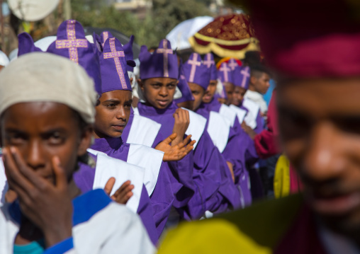 Ethiopian orthodox procession celebrating the colorful Timkat epiphany festival, Amhara region, Lalibela, Ethiopia