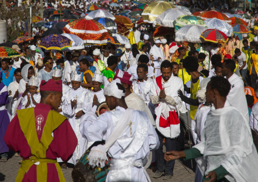 Ethiopian orthodox priests procession celebrating the colorful Timkat epiphany festival, Amhara region, Lalibela, Ethiopia