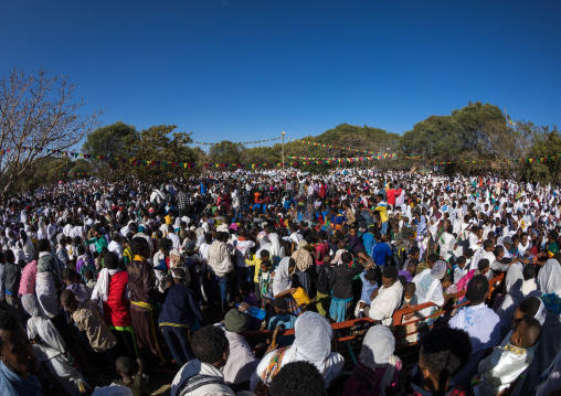 Holy water sprayed onto the crowd attending Timkat celebrations of epiphany, Amhara region, Lalibela, Ethiopia