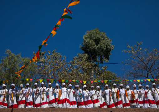 Ethiopian orthodox priests in line celebrating the colorful Timkat epiphany festival, Amhara region, Lalibela, Ethiopia