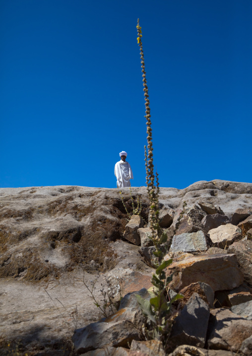 Priest of the ethiopian orthodox church on the top of a mountain, Amhara region, Lalibela, Ethiopia