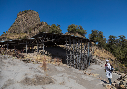 Asheten Mariam rock hewn church and its metal roof, Amhara region, Lalibela, Ethiopia