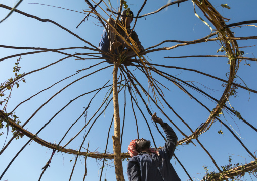 Men from Artuma tribe build a traditional ethiopian house, Amhara region, Kemise, Ethiopia