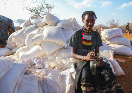 Food aid bags given to Borana people during the drought, Oromia, Yabelo, Ethiopia