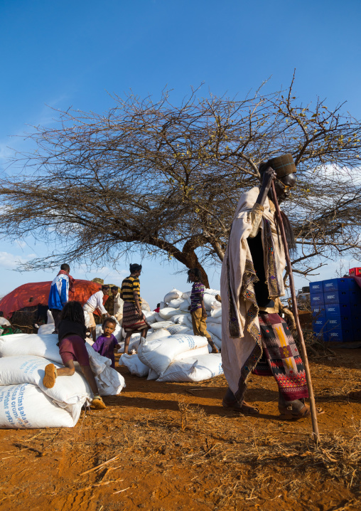 Food aid bags given to Borana people during the drought, Oromia, Yabelo, Ethiopia