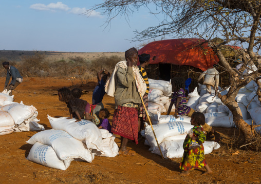 Food aid bags given to Borana people during the drought, Oromia, Yabelo, Ethiopia