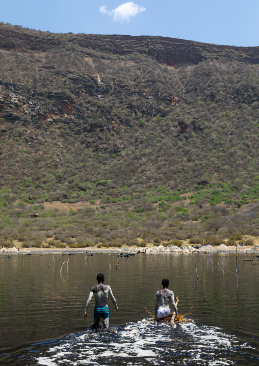 Volcano crater where Borana tribe men dive to collect salt, Oromia, El Sod, Ethiopia