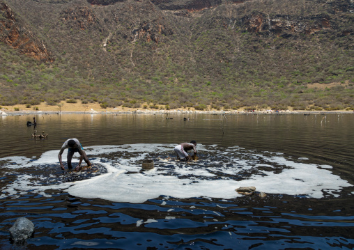 Volcano crater where Borana tribe men dive to collect salt, Oromia, El Sod, Ethiopia