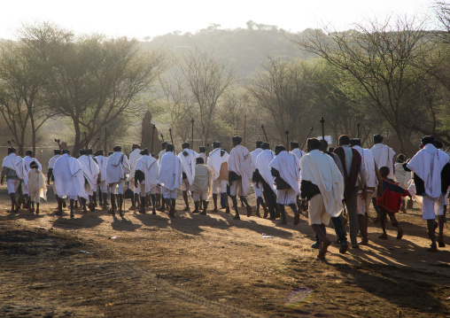 Borana tribe men with their ororo sticks during the Gada system ceremony, Oromia, Yabelo, Ethiopia