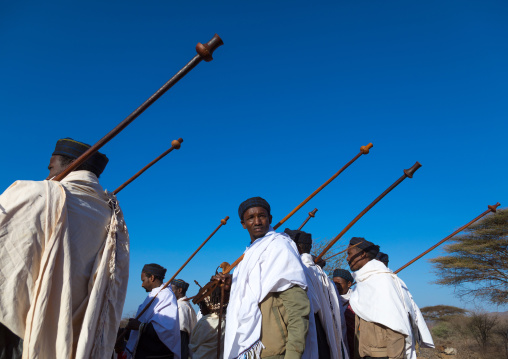 Borana tribe men with their ororo sticks during the Gada system ceremony, Oromia, Yabelo, Ethiopia