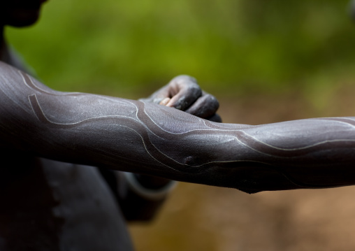 Clay body paintings on Suri warriors before donga stick fighting, Turgit village, Omo valley, Ethiopia