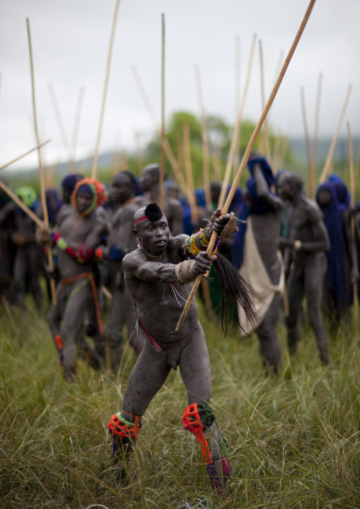 Suri tribe warriors fighting during a donga stick ritual, Omo valley, Tulgit, Ethiopia