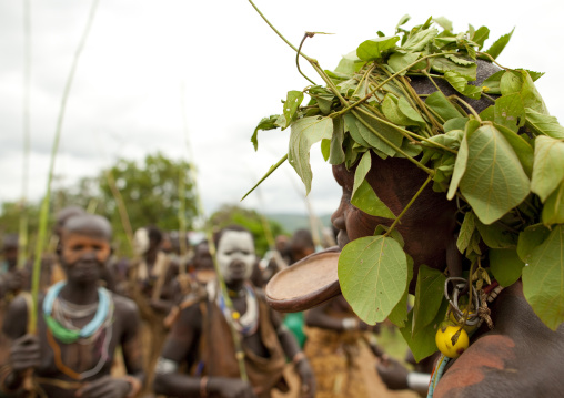 Old Surma Woman With A Lip Plate Wearing A Tree Leaf Headdress, Kibbish Village, Omo Valley, Ethiopia