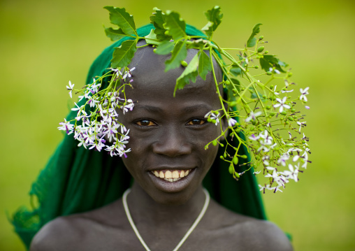 Surma Boy Wearing Flower Ornaments, Kibbish Village, Omo Valley, Ethiopia