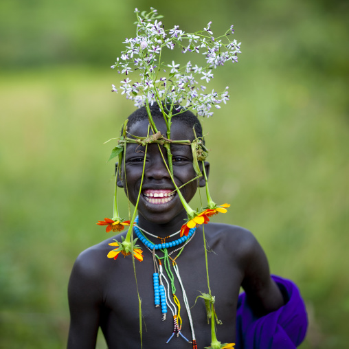 Surma Boy Wearing Flower Ornaments, Kibbish Village, Omo Valley, Ethiopia