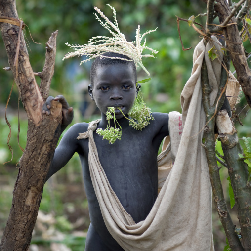 Surma Boy With Herb Decorations, Turgit Village, Omo Valley, Ethiopia