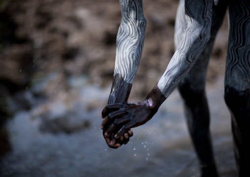 Clay body paintings on Suri warriors before donga stick fighting, Turgit village, Omo valley, Ethiopia