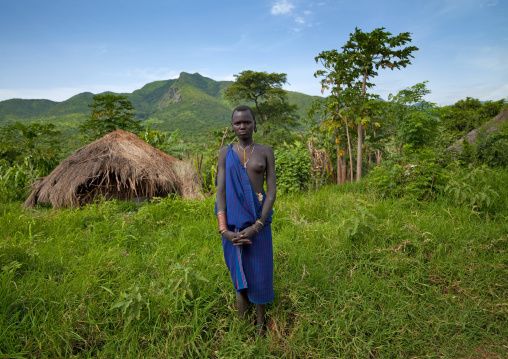 Surma Woman In Front Of A Hut, Turgit Village, Omo Valley, Ethiopia