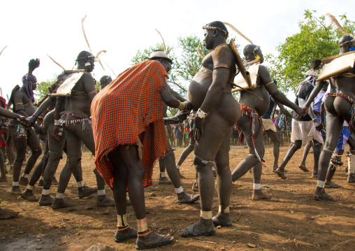 Woman putting a belt to a Bodi tribe fat man during Kael ceremony, Omo valley, Hana Mursi, Ethiopia