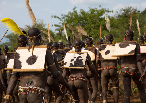 Bodi tribe fat men during Kael ceremony, Omo valley, Hana Mursi, Ethiopia