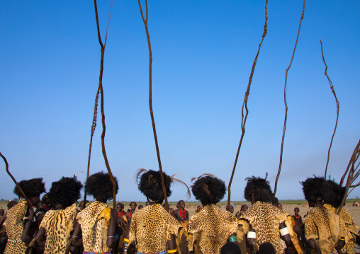 Dassanech men with leopard skins and ostrich feathers wigs during Dimi ceremony to celebrate circumcision of teenagers, Turkana County, Omorate, Ethiopia