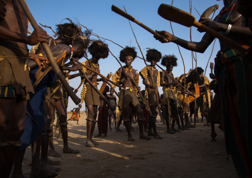 Dassanech men with leopard skins and ostrich feathers wigs during Dimi ceremony to celebrate circumcision of teenagers, Turkana County, Omorate, Ethiopia