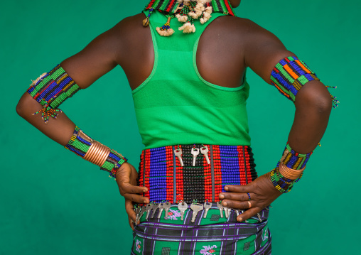 Hamer tribe woman beaded belt with keys, Omo valley, Dimeka, Ethiopia