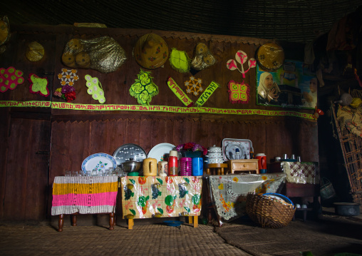 Gurage traditional house decorated with doilies on the walls, Gurage Zone, Butajira, Ethiopia